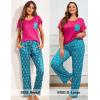 Ekouaer Pajamas for Women Set 2 Piece Comfy Loungewear, Lightweight Pjs Sleepwear, Short Sleeve Top & Long Pants with Pockets(Navy Leaf+rose Red Floral)
