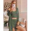 Ekouaer Pajamas for Women Set 3 Piece Lounge Set Soft Pajama Sets Waffle Knit Tank Top and Shorts Cardigan with Pockets S-XXL(Army Green)
