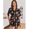 Ekouaer Satin Pajama Set for Women Button Down Silk 2 Piece Pj Sets Ruffle Short Sleeve Sleepwear(Black Christmas Snowman)