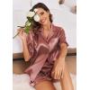 Ekouaer Satin Pajama Set for Women Button Down Silk 2 Piece Pj Sets Ruffle Short Sleeve Sleepwear(Brown)