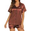Ekouaer Silk Pajamas for Women Short Sleeve Sleepwear Soft Button Down Loungewear 2 Piece Satin Pjs Shorts Set(Brown)