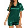 Ekouaer Silk Pajamas for Women Short Sleeve Sleepwear Soft Button Down Loungewear 2 Piece Satin Pjs Shorts Set(Dark Green)