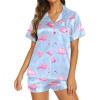 Ekouaer Silk Pajamas for Women Short Sleeve Sleepwear Soft Button Down Loungewear 2 Piece Satin Pjs Shorts Set(Flamingo Blue)