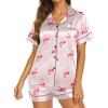 Ekouaer Silk Pajamas for Women Short Sleeve Sleepwear Soft Button Down Loungewear 2 Piece Satin Pjs Shorts Set(Flamingo Champagne)