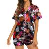 Ekouaer Silk Pajamas for Women Short Sleeve Sleepwear Soft Button Down Loungewear 2 Piece Satin Pjs Shorts Set(Floral Black)