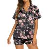 Ekouaer Silk Pajamas for Women Short Sleeve Sleepwear Soft Button Down Loungewear 2 Piece Satin Pjs Shorts Set(Floral Black Pink)