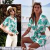 Ekouaer Silk Pajamas for Women Short Sleeve Sleepwear Soft Button Down Loungewear 2 Piece Satin Pjs Shorts Set(Floral Green Leaves)