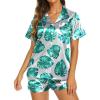 Ekouaer Silk Pajamas for Women Short Sleeve Sleepwear Soft Button Down Loungewear 2 Piece Satin Pjs Shorts Set(Floral Green Leaves)