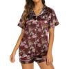 Ekouaer Silk Pajamas for Women Short Sleeve Sleepwear Soft Button Down Loungewear 2 Piece Satin Pjs Shorts Set(Floral Wine)