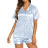 Ekouaer Silk Pajamas for Women Short Sleeve Sleepwear Soft Button Down Loungewear 2 Piece Satin Pjs Shorts Set(Leopard Light Blue)
