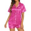 Ekouaer Silk Pajamas for Women Short Sleeve Sleepwear Soft Button Down Loungewear 2 Piece Satin Pjs Shorts Set(Leopard Rose)