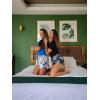 Ekouaer Women Pajama Set Casual Short Set(Black and Blue Flower)