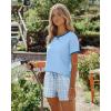 Ekouaer Women Pajama Set Casual Short Set(Blue Checkerboard)