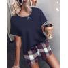 Ekouaer Women Pajama Set Casual Short Set(Navy Blue and Red Plaid)