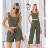 Ekouaer Women’s 3 Piece Lounge Set Ribbed Soft Pajama Set – Crop Top, Shorts & Pants Vacation Outfits With Pokcet(Army Green)