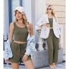 Ekouaer Women’s 3 Piece Lounge Set Ribbed Soft Pajama Set – Crop Top, Shorts & Pants Vacation Outfits With Pokcet(Army Green)