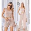 Ekouaer Women’s 3 Piece Lounge Set Ribbed Soft Pajama Set – Crop Top, Shorts & Pants Vacation Outfits With Pokcet(Champagne)