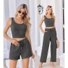 Ekouaer Women’s 3 Piece Lounge Set Ribbed Soft Pajama Set – Crop Top, Shorts & Pants Vacation Outfits With Pokcet(Dark Gery)