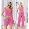 Ekouaer Women’s 3 Piece Lounge Set Ribbed Soft Pajama Set – Crop Top, Shorts & Pants Vacation Outfits With Pokcet(Hot Pink)