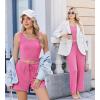 Ekouaer Women’s 3 Piece Lounge Set Ribbed Soft Pajama Set – Crop Top, Shorts & Pants Vacation Outfits With Pokcet(Hot Pink)