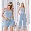 Ekouaer Women’s 3 Piece Lounge Set Ribbed Soft Pajama Set – Crop Top, Shorts & Pants Vacation Outfits With Pokcet(Light Blue)