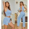 Ekouaer Women’s 3 Piece Lounge Set Ribbed Soft Pajama Set – Crop Top, Shorts & Pants Vacation Outfits With Pokcet(Light Blue)
