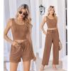 Ekouaer Women’s 3 Piece Lounge Set Ribbed Soft Pajama Set – Crop Top, Shorts & Pants Vacation Outfits With Pokcet(Light Brown)