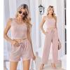 Ekouaer Women’s 3 Piece Lounge Set Ribbed Soft Pajama Set – Crop Top, Shorts & Pants Vacation Outfits With Pokcet(Light Pink)