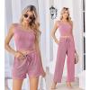Ekouaer Women’s 3 Piece Lounge Set Ribbed Soft Pajama Set – Crop Top, Shorts & Pants Vacation Outfits With Pokcet(Pink)
