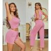 Ekouaer Women’s 3 Piece Lounge Set Ribbed Soft Pajama Set – Crop Top, Shorts & Pants Vacation Outfits With Pokcet(Pink)