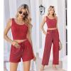 Ekouaer Women’s 3 Piece Lounge Set Ribbed Soft Pajama Set – Crop Top, Shorts & Pants Vacation Outfits With Pokcet(Red)