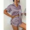 Ekouaer Womens Silk Satin Pajama Set Print Short Sleeve Sleepwear Button Down Pjs Shorts Set Loungewear(Black Pink Stripe)