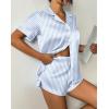 Ekouaer Womens Silk Satin Pajama Set Print Short Sleeve Sleepwear Button Down Pjs Shorts Set Loungewear(Blue Striped)
