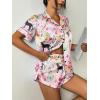Ekouaer Womens Silk Satin Pajama Set Print Short Sleeve Sleepwear Button Down Pjs Shorts Set Loungewear(Flower and Leopard)