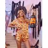 Ekouaer Womens Silk Satin Pajama Set Print Short Sleeve Sleepwear Button Down Pjs Shorts Set Loungewear(Halloween Skull)