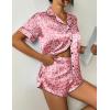 Ekouaer Womens Silk Satin Pajama Set Print Short Sleeve Sleepwear Button Down Pjs Shorts Set Loungewear(Peach Red Leopard)
