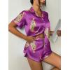 Ekouaer Womens Silk Satin Pajama Set Print Short Sleeve Sleepwear Button Down Pjs Shorts Set Loungewear(Purple-red Leopard)