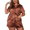 Ekouaer Womens Silk Satin Pajamas Set Short Sleeve Sleepwear Button Down Loungewear 2 Piece Pjs Shorts Set S-5X Plus Size(Brown)