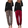 Ekouaer 2 Pack Womens Pajamas Set Long Sleeve Sleepwear Top and Jogger Pants Lounge Sets Cozy Pjs Loungewear S-XXL(Black Red Plaid+leopard)