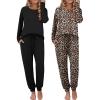 Ekouaer 2 Pack Womens Pajamas Set Long Sleeve Sleepwear Top and Jogger Pants Lounge Sets Cozy Pjs Loungewear S-XXL(Black+leopard)