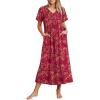 Ekouaer Long Nightgowns for Women Short Sleeve House Dress with Pockets Full Length Loungewear S-3XL(Floral Red)