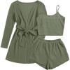 Ekouaer Pajamas for Women Set 3 Piece Lounge Set Soft Pajama Sets Waffle Knit Tank Top and Shorts Cardigan with Pockets S-XXL(Army Green)