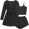Ekouaer Pajamas for Women Set 3 Piece Lounge Set Soft Pajama Sets Waffle Knit Tank Top and Shorts Cardigan with Pockets S-XXL(Black)