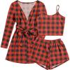 Ekouaer Pajamas for Women Set 3 Piece Lounge Set Soft Pajama Sets Waffle Knit Tank Top and Shorts Cardigan with Pockets S-XXL(Black and Red Plaid)