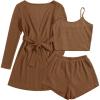 Ekouaer Pajamas for Women Set 3 Piece Lounge Set Soft Pajama Sets Waffle Knit Tank Top and Shorts Cardigan with Pockets S-XXL(Brown)