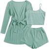 Ekouaer Pajamas for Women Set 3 Piece Lounge Set Soft Pajama Sets Waffle Knit Tank Top and Shorts Cardigan with Pockets S-XXL(Grey Green)
