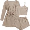 Ekouaer Pajamas for Women Set 3 Piece Lounge Set Soft Pajama Sets Waffle Knit Tank Top and Shorts Cardigan with Pockets S-XXL(Khaki)