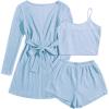 Ekouaer Pajamas for Women Set 3 Piece Lounge Set Soft Pajama Sets Waffle Knit Tank Top and Shorts Cardigan with Pockets S-XXL(Light Blue)