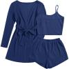 Ekouaer Pajamas for Women Set 3 Piece Lounge Set Soft Pajama Sets Waffle Knit Tank Top and Shorts Cardigan with Pockets S-XXL(Navy Blue)