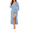 Ekouaer Robes for Women Long Knit Bathrobe Lightweight 3/4 Sleeves Kimono Robe Soft Sleepwear with Pockets S-XXL(Light Blue)